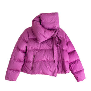 BACON Violet Oversized Collar Cropped Puffer Jacket Purple Logo Patch Removed XS